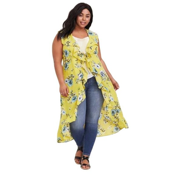 torrid Sweaters - Torrid Yellow Floral Ruffle Chiffon Duster Cardigan - Size 0